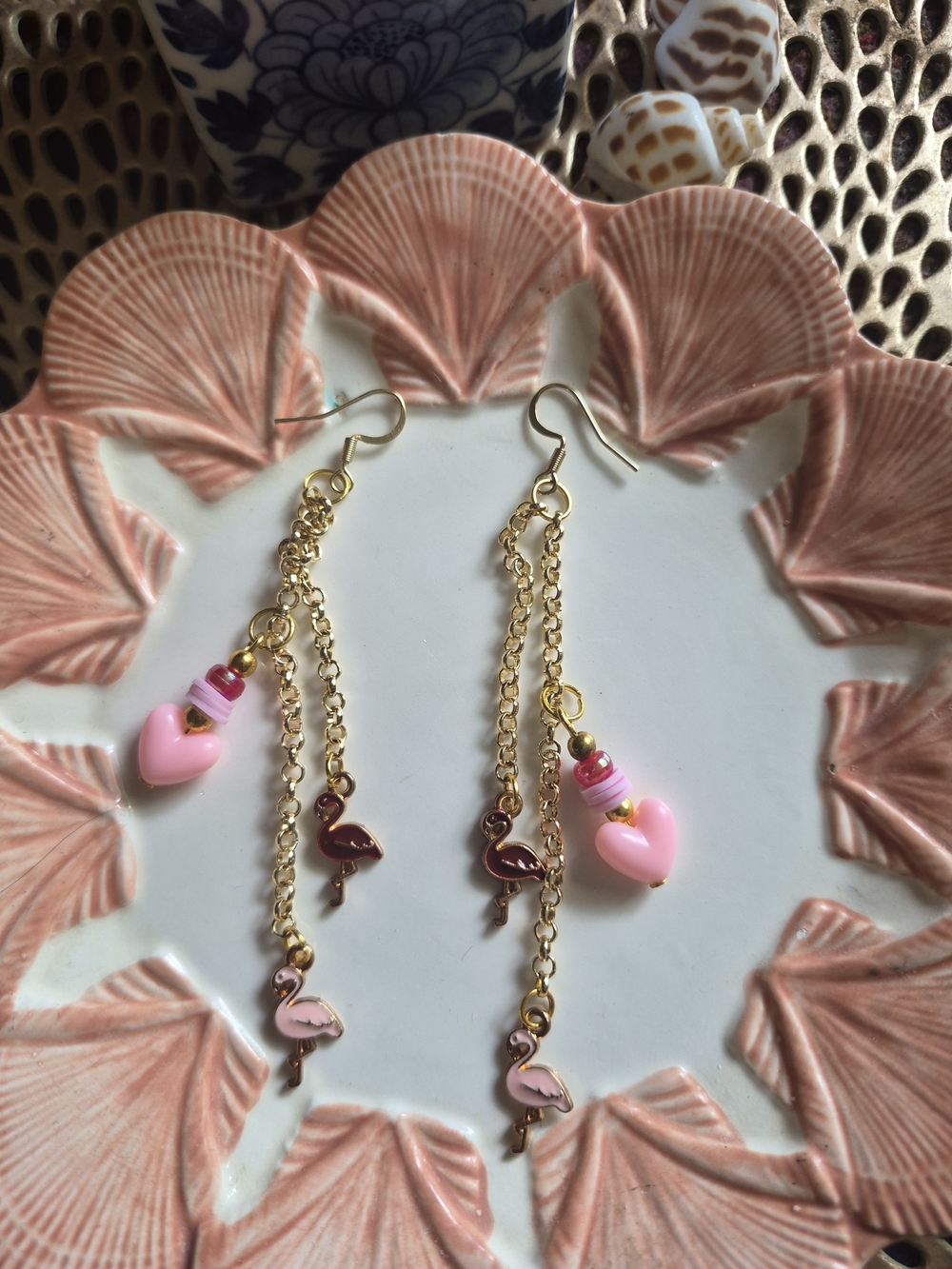 Gold Chain Pink Flamingo Heart Drop Earrings